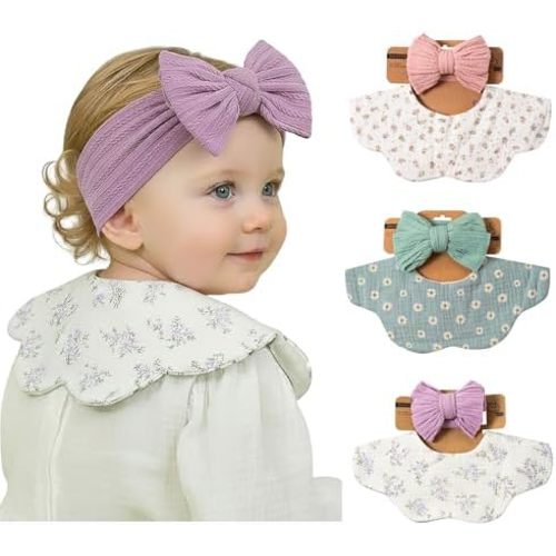 JumiLux Baby Cotton Muslin Bibs and Bow Headbands Set