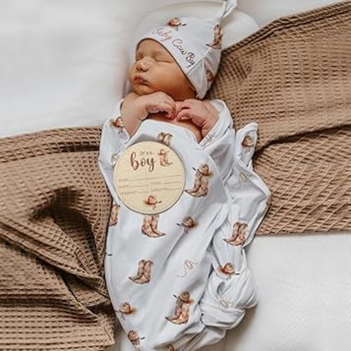 Ylsteed Baby Swaddle Blanket and Headband Set, Newborn Receiving Blanket Swaddle Wrap for Girls and Boys, Swaddling Blankets Neutral for Newborn， Soft and Skin-Friendly 32 * 32 inches (Cowboy)