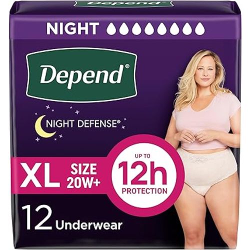 Depend Night Defense Adult Diapers, Incontinence & Postpartum Bladder Leak Underwear for Women, Disposable, Overnight, Extra-Large, Blush, 12 Count, Packaging May Vary
