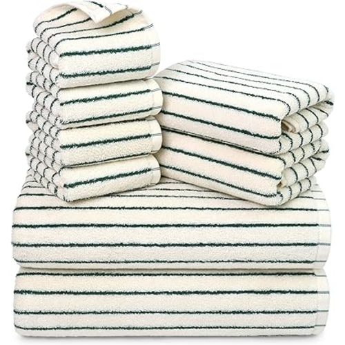 Jacquotha 8 Piece Green Towel Set, Super Soft & Absorbent Cotton Striped Towels for Bathroom Decor, 2 Bath, 2 Hand, 4 Washcloths