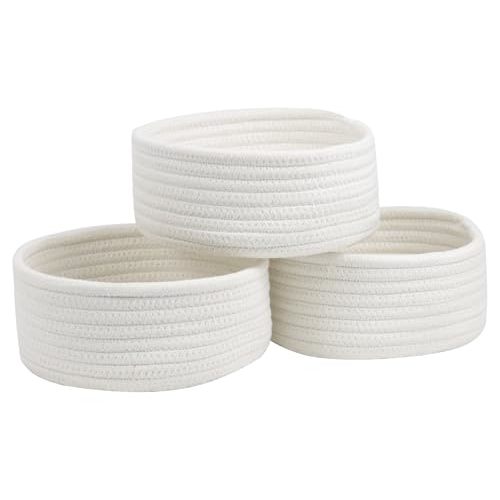 Small Basket, Set of 3 Small Woven Baskets, Cotton Rope Baskets for Organizing, Cute Mini Tiny Baskets for Nursery, Decorative Boho Round Storage Basket Bathroom Organization Bin
