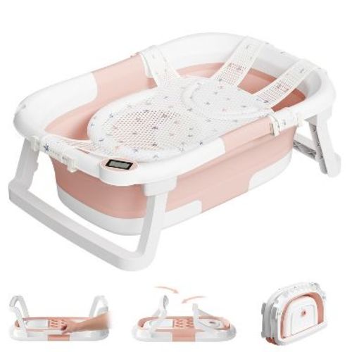 TUMAJUP Collapsible Baby Bathtub for Infants and Toddlers with Bath Net and Thermometer-Pink