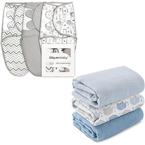 GLLQUEN BABY 3-Pack Muslin Swaddle Blankets and 3-Pack Baby Swaddles - Baby Essential for Newborn, Unisex Babies