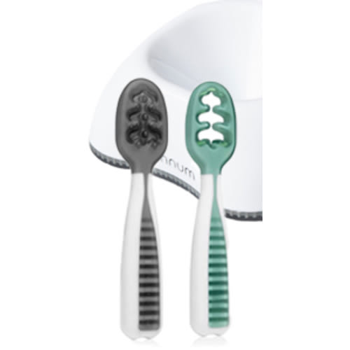 NumNum Pre-Spoon GOOtensils | Baby Spoon Set (Stage 1 + Stage 2) | BPA Free Silicone Self Feeding Toddler Utensils | For Kids Ages 6 Months+, 1-Pack, Two Spoons, Storm Gray/Glacier Green - Two Spoons(Pack of 1)