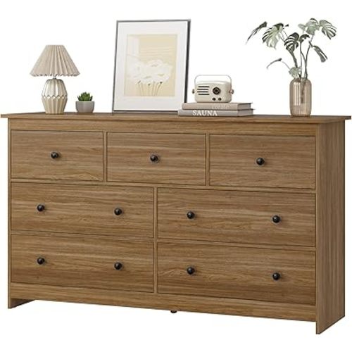 JOZZBY 55" Walnut Dresser for Bedroom, 7 Drawer Wood Large Dresser with Metal Knob, Modern Chests of Deep Drawers Organizer for Home Office, Hallway