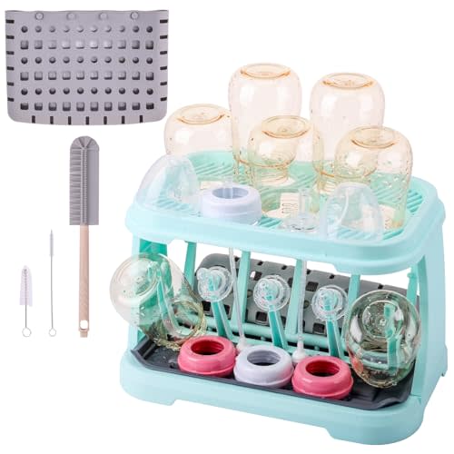 Baby Bottle Drying Rack with Brush & Dishwasher Basket - Space Saving Standing Drying Rack for Baby Bottles, Pump Parts & Accessories, Compact Organizer Holds Up to 8 Bottles (Blue)