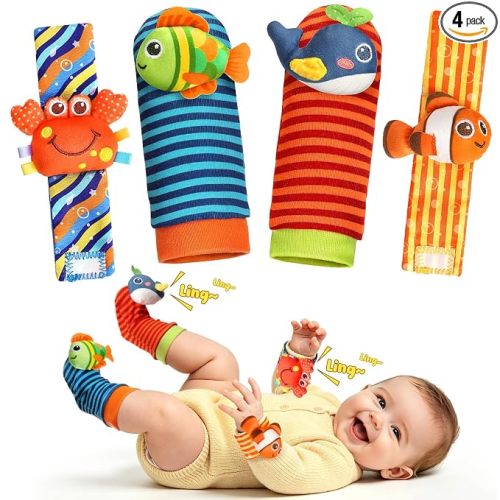 Baby Toys 0-6 6-12 Months, Baby Wrist Rattle Socks and Foot Finder Set, Baby Development Sensory Toys, Infant Hand & Foot Tummy Time Toy, Newborn Boy Girl Shower Gifts