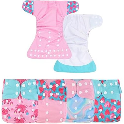 HappyFlute 4 Sets Newborn Baby Cloth Pocket Diapers One Size Adjustable Reusable for Baby Boys and Girls(No Inserts,Pink)