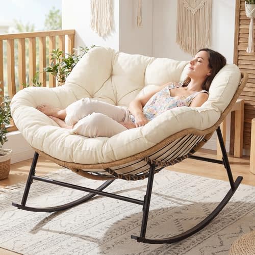 NICESOUL Papasan Rocking Chair with Cushion Indoor Outdoor, Oversized Padded Lounge Rockers, All Weather Deep Wide Egg Rocking Chairs, 450Lbs Large Glider for Living Room, Balcony Xmas Gift, Beige
