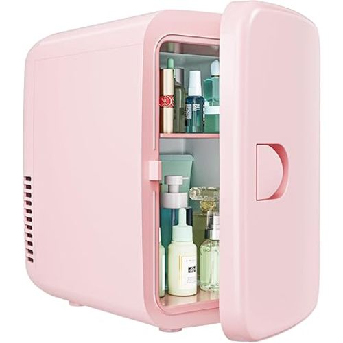 EUHOMY Mini Fridge, 4 Liter/6 Cans AC/DC Small Refrigerator for Skincare, Portable Cooler and Warmer for Skin Care, Cosmetics, Beverage, 4L Makeup Mini Fridge for Bedroom, Car, Office, Dorm, Pink