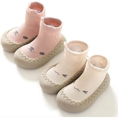 Toddler 2 Pairs Anti-Skid Socks Shoes Baby Boys Girls Rubber Sole Indoor First Walking Slippers