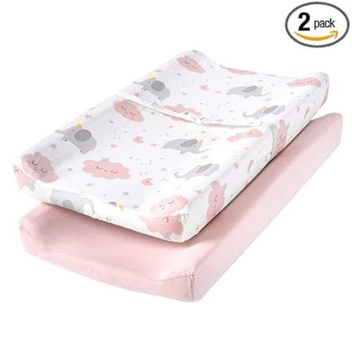 TILLYOU Changing Pad Cover Set in Soft Jersey Material - Fits 32"/34''x16 Contoured Pad for Babies,Elephant & Cloud, Pink