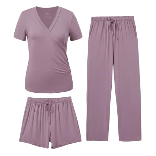 PATPAT 3-Piece Maternity Nursing Pajamas, Womens Lounge Set with Pockets | Pregnancy through postpartum, everyday sleepwear, soft fabric, easy nursing access, adjustable waistband, shorts and pants