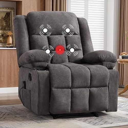 EBELLO Manual Recliner Chair for Adults with Vibration Massage and Lumbar Heating, Soft Fabric Recliner Single Sofa with Side Pocket and Two Cup Holders for Living Room, Grey