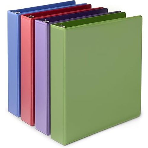 Amazon Basics 3 Ring 1.5 inch Binders with Round Metal Rings, Holds 275 Sheets, Assorted Colors, 4-Pack