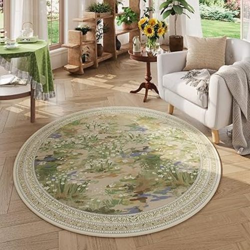 Rugcomf Circle Rug Impressionist-Style Vintage Round Rug 6ft Non Slip Low Pile Small Circular Rug for Bedroom Bathroom Entryway Kids Room Office College Dorm, Beige