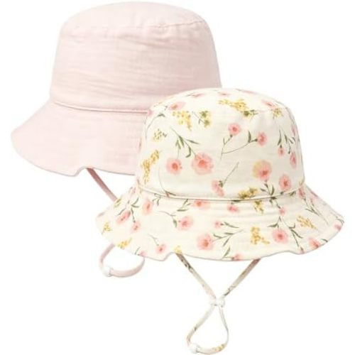 2 Pack Baby Sun Hat, Muslin Newborn Sun Hat UPF 50+ Sun Protection Infant Summer Beach Hat Bucket Hat for 0-18 Months
