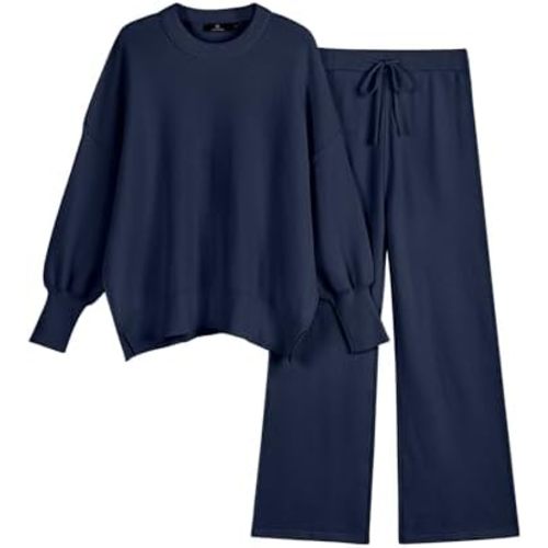 LILLUSORY Women 2 Piece Outfits Sweatsuit Oversized Knit Pullover Sweater Tops Wide Leg Pants Lounge Set