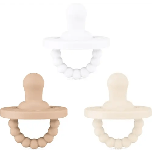 Ryan & Rose Cutie PAT All-in-One Pacifier and Teether Massaging Teething Ring and Hideaway Binky for Growing Babies (Canvas (3 Pack), Flat)