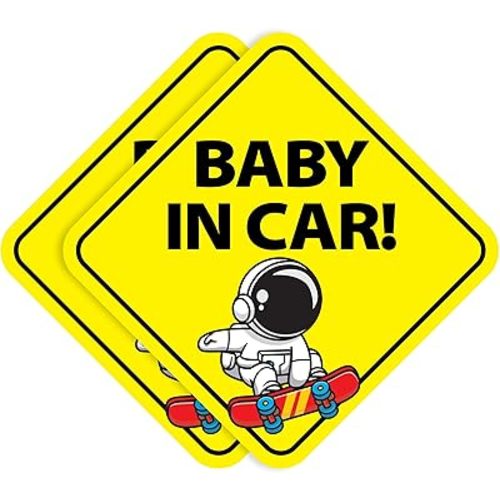 Stickios Baby on Board Stickers - Removable Non-Magnetic Paint-Safe Signs for Cars & Windows - Made in USA - Baby Boy Astronaut Skateboard (2 Vinyl Decals)