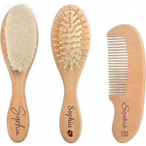 3pcs Personalized Wooden Baby Hair Brush and Comb Sets for Newborn, Custom Soft Baby Comb and Brush Set with Carving Name/Text,Custom Babies Gifts Girls, Thoughtful Gifts for Boy/Girl Shower