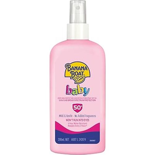 Banana Boat Sunscreen Baby Lotion Spray 200ml SPF 50+ 200 ml, UVA/UVB, Mild and Gentle, Fragrance-Free, 4-Hour Water Resistant, Made in Australia