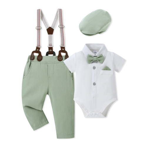 CARETOO Boy Clothes Suit 0-18M Cotton Fabric Formal Outfit Shirt Tie Hat Suspender Pant Solid Set