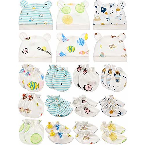 Geyoga 18 Pcs Baby Hats Mittens and Socks Set Newborn Mittens No Scratch Baby Hats and Newborn Socks for 0-6 Months