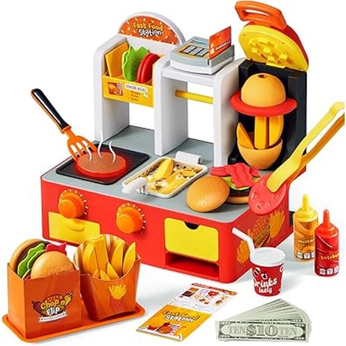 Restaurant Play Food Set Toy - 40+ PCS Fast Food Playset with Potato Cutter, Simulated Frying Effect & Lights, Order, Card & Drink Station - Interactive Role Play Toy Birthday Gift for Boys Girls