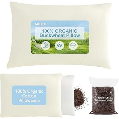 Organic Buckwheat Pillow for Sleeping with Dual-Layer Pillowcase and Extra Tartary Buckwheat Hulls, Adjust Height and Firmness, Neck Support Pillow for Back and Side Sleepers 14"x20"