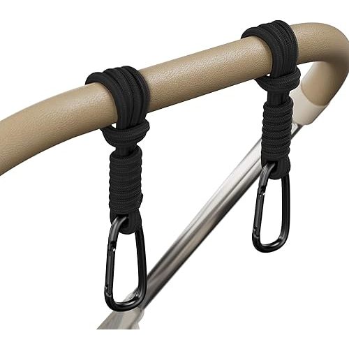 Baby Stroller Hooks, Universal Clips for Diaper and Mommy Bags, Heavy-Duty Hangers with Straps, Practical Stroller Accessory for Moms, Black-2pc