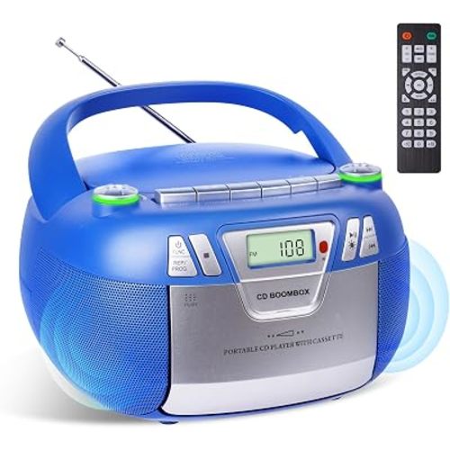 Boombox CD Player with Bluetooth and Cassette Player | Portable AM/FM Radio, MP3/USB/AUX Input, Stereo Sound System with Recorder, AC & Battery Powered for Home & Outdoor
