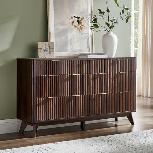 T4TREAM Fluted 7 Drawers Dresser, 54" Wide Modern Chest of Drawers, Curved Profile Design, Dresser TV Stand, Wood Drawer Organizer for Bedroom, Living Room, Hallway, Dark Walnut