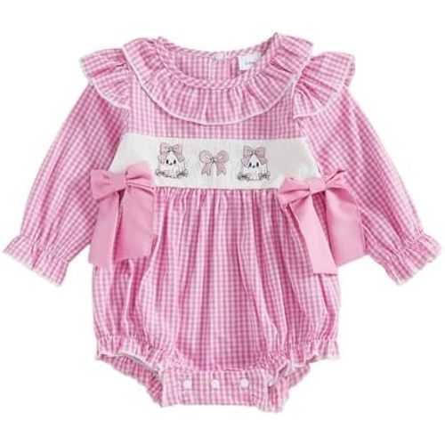 Newborn Baby Girl Halloween Outfit Pumpkin Embroidery Bubble Romper Plaid Doll Collar Long Sleeve Jumpsuit Fall