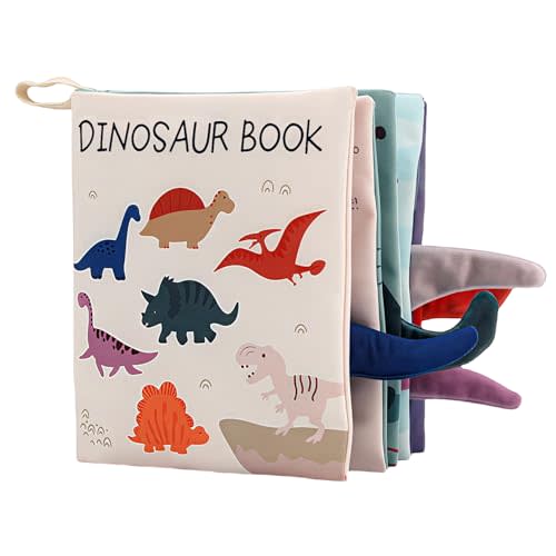 Dinosaur Baby Books Toys, Touch Feel Cloth Crinkle Soft Books for Babies Infants, 0-6-12-18 Months, with Toy, Mirror, Tail and Crinkle, Early Development Stroller, Shower Newborn Gifts for Boys Girls