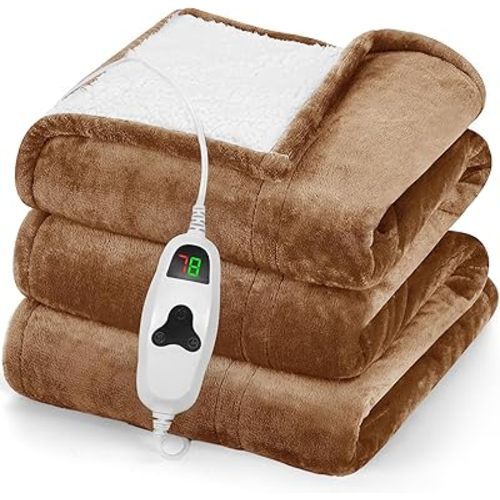 greenoak Heated Blanket Electric Throw 50"X60", Heating Blanket with 10 Heat Levels 8 Hours Auto-Off,Fleece Soft Blanket, Birthday Gifts for Grandma Seniors, Brown
