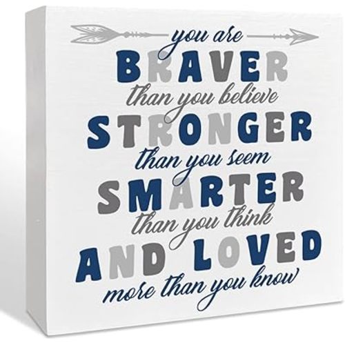 Nursery Boys Room Wooden Box Sign - You Are Braver Than You Believe, Inspirational Baby Bedroom Desk Decor, Motivational Kids Room Playroom Decor, Nursery