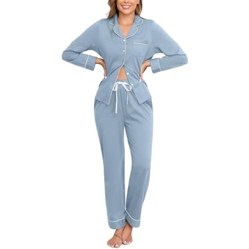 Veseacky 100% Cotton Pajamas for Women Set Long Sleeve Button Down Sleepwear Soft Pjs Lounge Sets with Pockets S-XXL