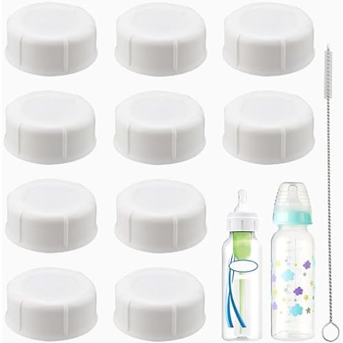 10Pcs White Travel Bottle Caps with Cleaning Brush Compatible with Dr Brown Narrow Bottles, Storage Caps Replacement for Medela Bottles,Bottle Caps with Sealing Gasket Bottle Lids Replacement Parts
