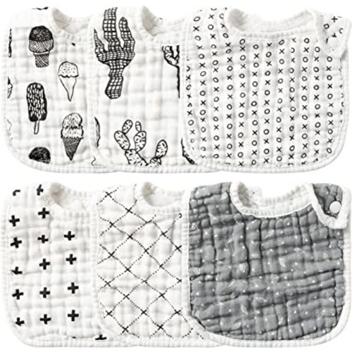 Zainpe 6Pcs Snap Muslin Cotton Baby Bibs Ice Cream Cactus Pattern Black Infants Feeding Bib Adjustable Machine Washable Unisex Burp Cloths with 6 Absorbent & Soft Layers for Drooling Teething Eating