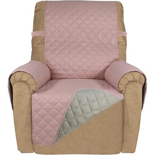PureFit Reversible Quilted Sofa Cover, Water Resistant Slipcover Furniture Protector, Washable Couch Cover with Non Slip and Elastic Straps for Kids, Dogs, Pets (Small Recliner, Pink/Beige)