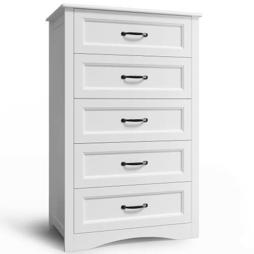White Dresser for Bedroom, Lofka 5 Drawers Storage Cabinet for Entryway & Living Room