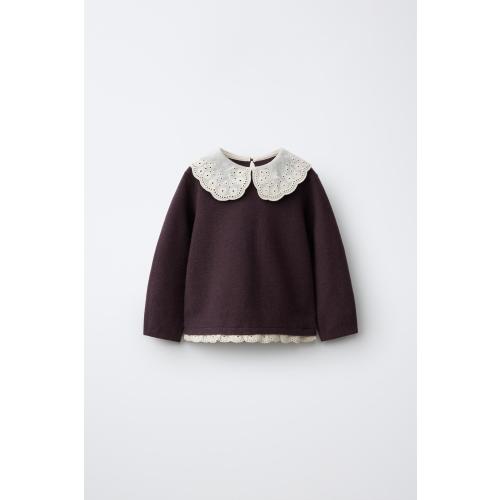 EMBROIDERED COLLAR KNIT SWEATER - Burgundy | ZARA United States