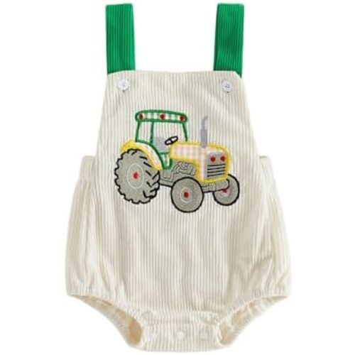 Newborn Baby Boy Clothes Tractor Embroidery Halter Sleeveless Romper Jumpsuit Overall Corduroy Farm Outfit
