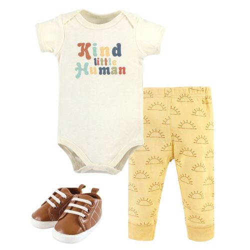 Hudson Baby Infant Boy Cotton Bodysuit, Pant and Shoe Set, Kind Human, 6-9 Months