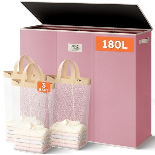 SOLEDI 180L 3-Section Laundry Hamper with Lid, Extra Large Dirty Clothes Basket with Sturdy Handles for Laundry Room & Bedroom - Durable Organizer for Sorting Laundry