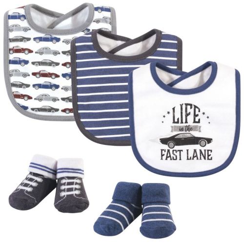 Hudson Baby Infant Boy Cotton Bib and Sock Set 5pk, Vintage Cars, One Size