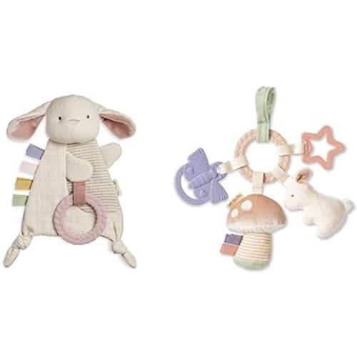 Itzy Ritzy - Bitzy Crinkle Sensory Toy Bunny with Crinkle Sound for Babies & Toddlers - Features Sof & Teething Activity Toy - Bitzy Busy Ring Features Braided Teething Ring and Dangling Toys