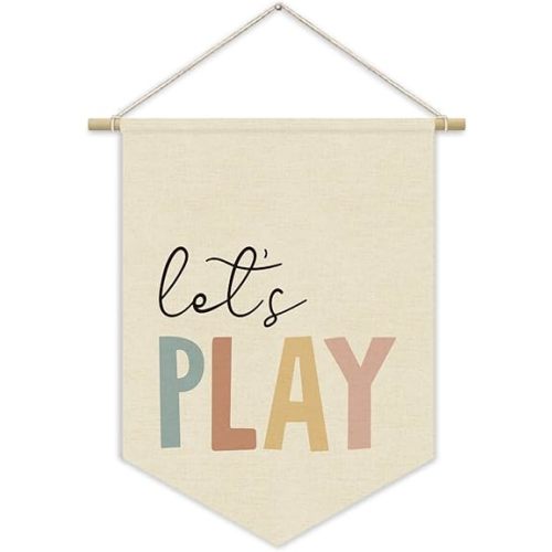 Playroom Sign Decor Let's Play Canvas Banner,Nursery Classroom Wall Art Canvas Hanging Pennant Flag Banner,Kids Room Homeschool Play Sign Wall Decor,Playroom Wall Decor Baby Room Decor 15x11in