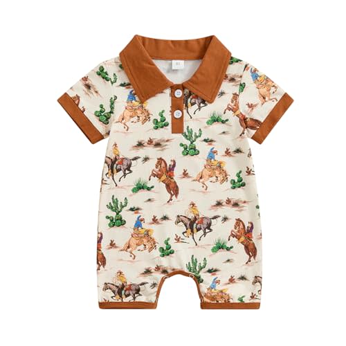 Lesimsam Newborn Baby Boy Western Clothes Cow/Horse Print Romper Jumpsuit Short Sleeve Button Up Collared Bodysuit Outfit